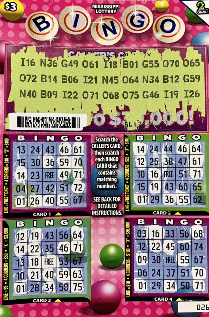 A Mount Olive player won $3,000 on a Bingo scratch-off game purchased from Cefco Convenience Store #540 on Simpson Hwy. 49 S., Magee.