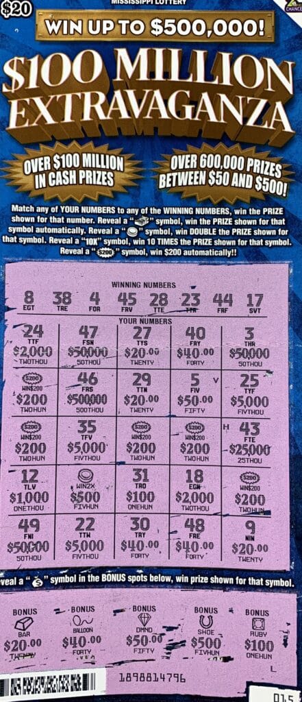 An Olive Branch player won $2,000 on a $100 Million Extravaganza scratch-off game purchased from Tobacco Plus on Hacks Cross Rd., Olive Branch.