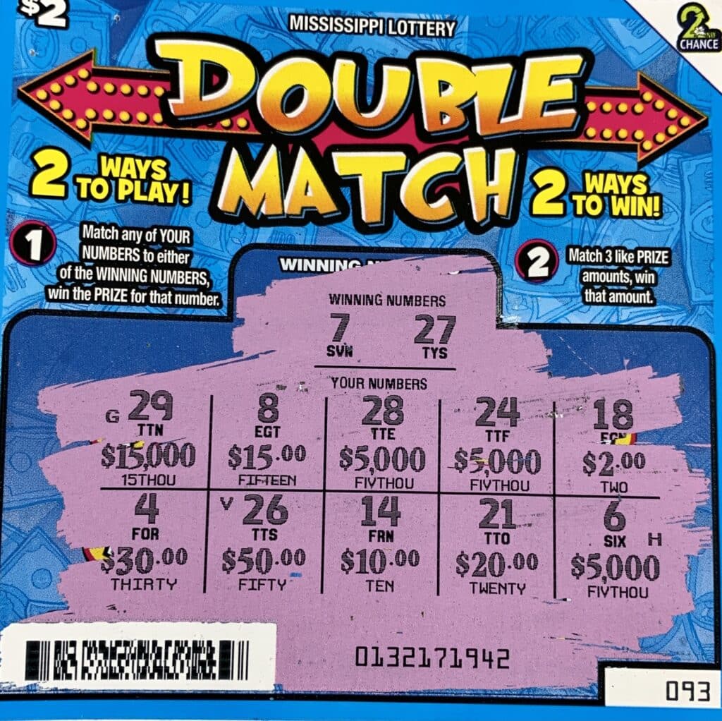 An Olive Branch woman won $5,000 on a Double Match scratch-off game purchased from Mough Inn LLC on Hwy. 305, Olive Branch.