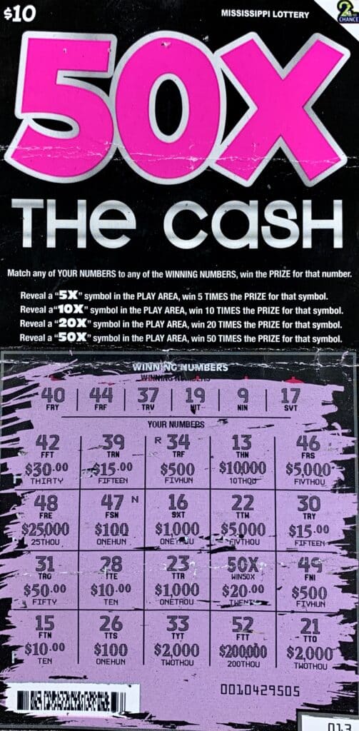 A Pearl player won $1,000 on a 50x the Cash scratch-off game purchased at Fuel Time 8 on S. Pearson Rd., Pearl.