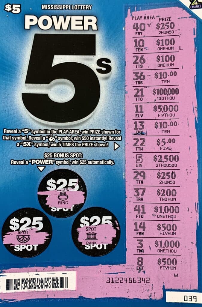 A Petal man won $2,500 on a Power 5s scratch-off game purchased from Petal Food Mart on S. Main St., Petal.