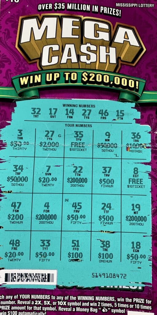 A Port Gibson man won $2,000 on a Mega Ca$h scratch-off game purchased from Nick’s One Stop of Port Gibson LLC on Hwy. 61 N., Port Gibson.