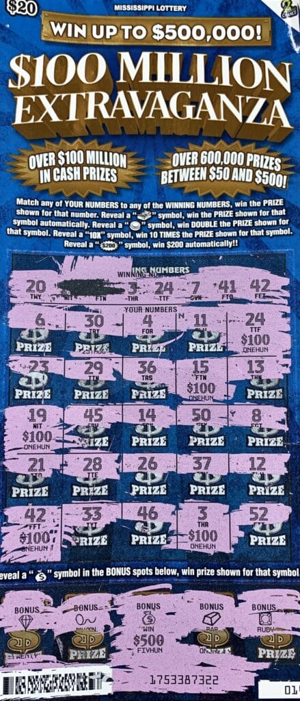 A Smithville man won $1,000 on a $100 Million Extravaganza scratch-off game purchased from Radhe Shyam Inc. on Hwy. 278 E., Amory.