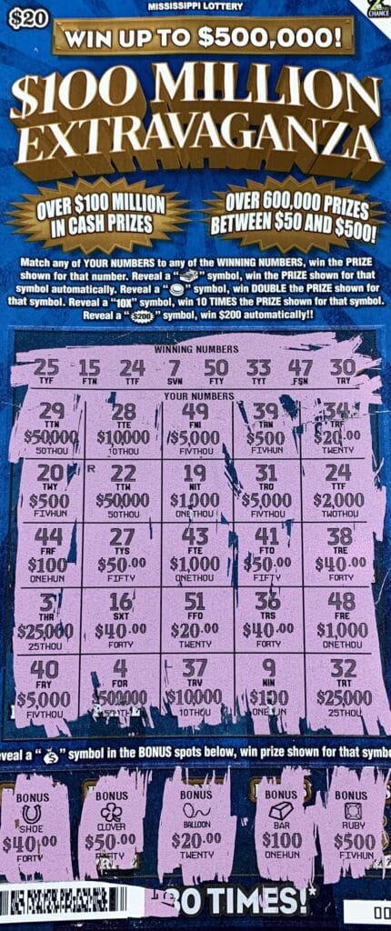 A Starkville player won $2,000 on a $100 Million Extravaganza scratch-off game purchased from Sprint Mart #4140 on Hwy. 12 W., Starkville.