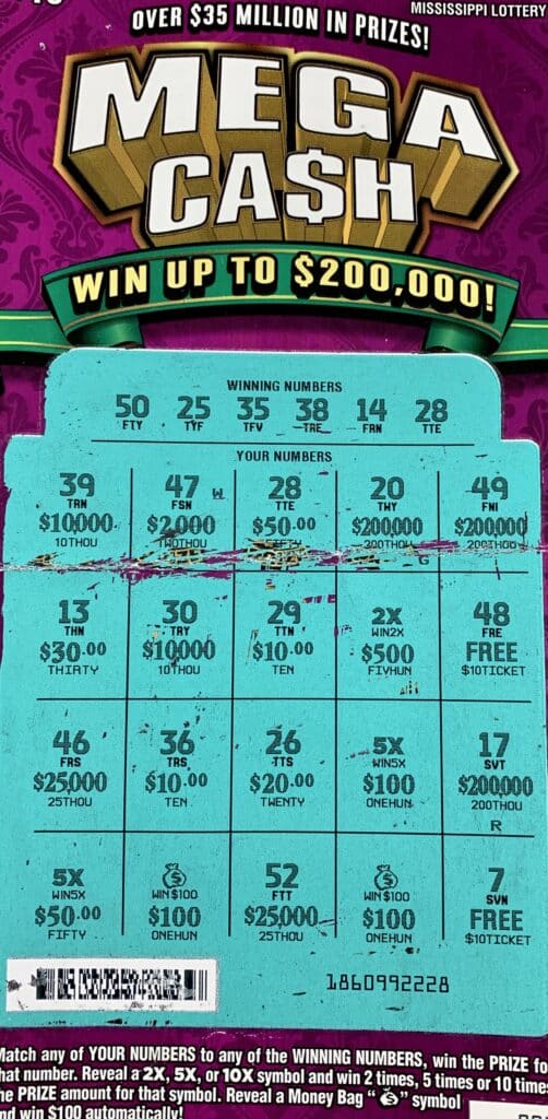 A Starkville player won $2,000 on a Mega Ca$h scratch-off game purchased at Sprint Mart #4130 on N. Jackson St., Starkville.