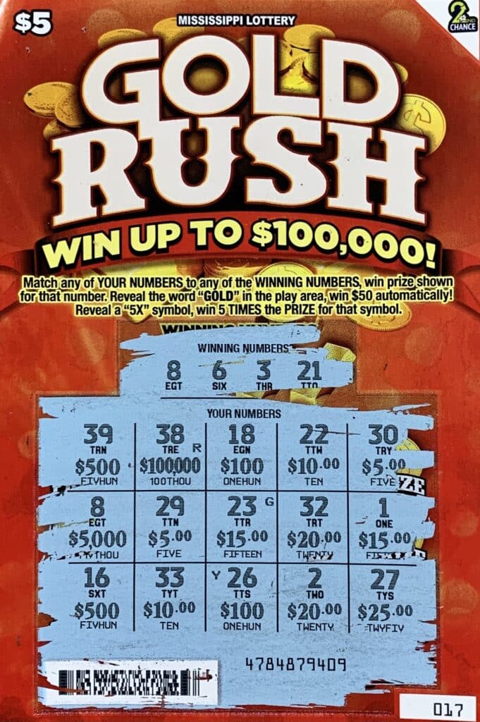 A Stone County woman won $5,000 on a Gold Rush scratch-off game purchased from Keith’s Superstore #107 on Hwy. 49, Saucier.