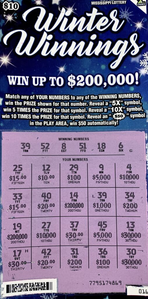 A Taylorsville player won $1,000 on a Winter Winnings scratch-off game purchased from Ellisville Pit Stop LLC on Hwy. 11, Ellisville.