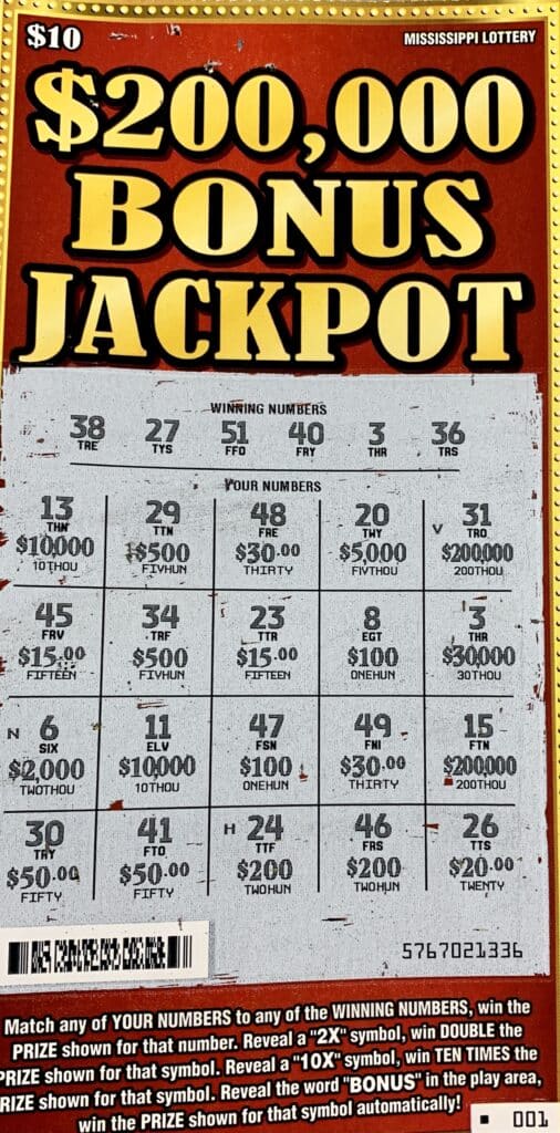 A Tickfaw, LA., man won $30,000 on a $200,000 Bonus Jackpot scratch-off game purchased from Keith’s Superstore #183 LLC on Hwy. 90, Bay St. Louis.