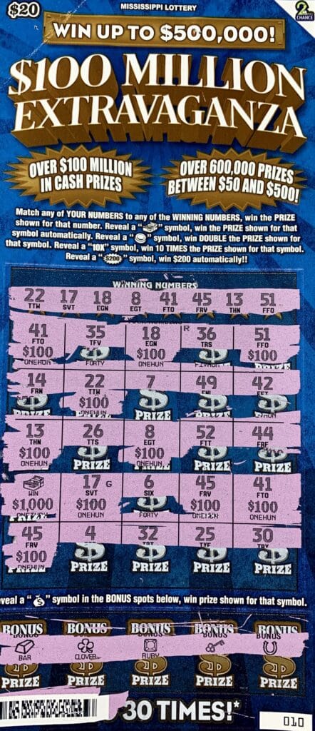 A Tutwiler woman won $2,000 on a $100 Million Extravaganza scratch-off game purchased from Double Quick #49 on Hwy. 49 E., Tutwiler.