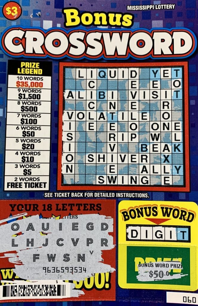 A Vaiden woman won $1,500 on a Bonus Crossword scratch-off game purchased at Parkers Filling Station #503 on Hwy. 35, Vaiden.