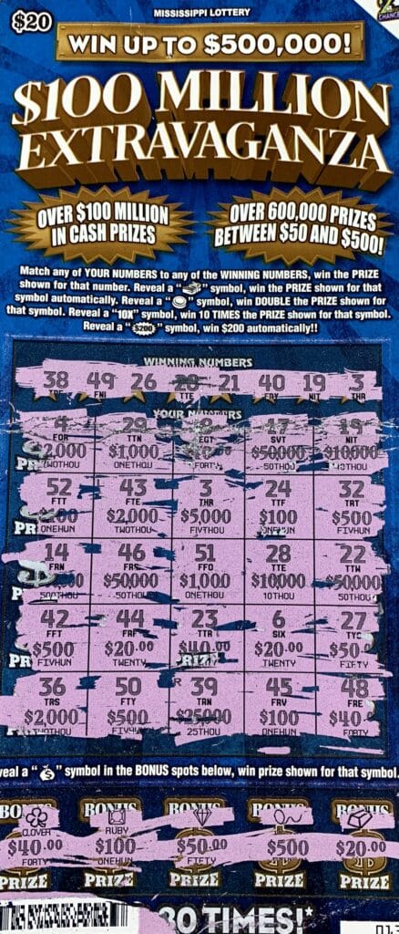 A Vicksburg man won $25,000 on a $100 Million Extravaganza scratch-off game purchased from Shell Food Mart on Hwy. 61 S., Vicksburg.