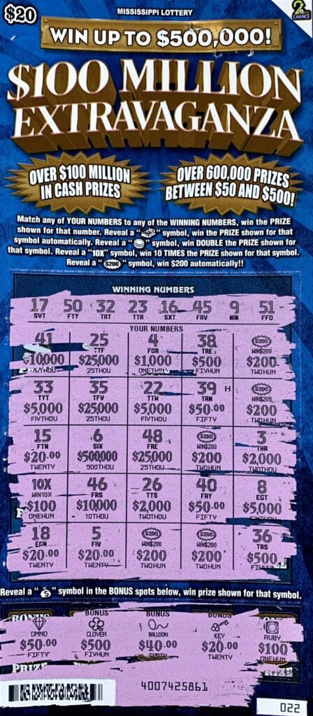 A Walnut player won $2,000 on a $100 Million Extravaganza scratch-off game purchased from Sprint Mart on Hwy. 72 W., Corinth.