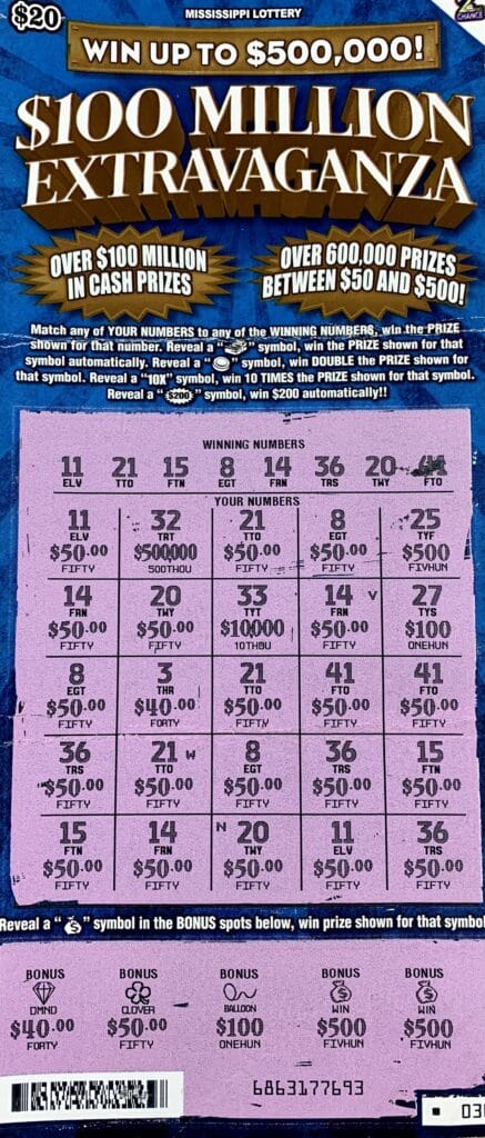 An Adamsville, Tenn., man won $2,000 on a $100 Million Extravaganza scratch-off game purchased from B-Market on Harper Rd., Corinth.