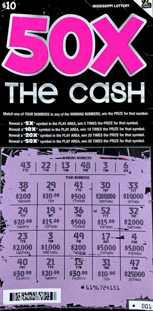 A Batesville player won $1,000 on a 50x the Cash scratch-off game purchased from Tri-Lakes on E. Lee St., Sardis.