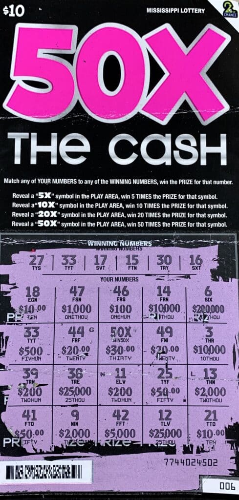 A Brookhaven woman won $2,000 on a 50x the Cash scratch-off game purchased from City Mart #1 on Natchez Drive NE., Brookhaven.