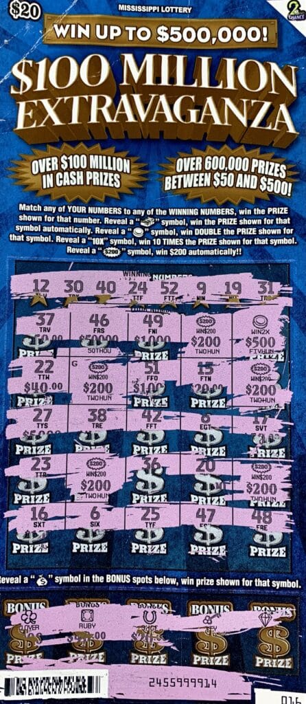 A Brooksville player won $2,000 on a $100 Million Extravaganza scratch-off game purchased from Ryaan's Food & Fuel LLC on Frontage Rd., Macon.