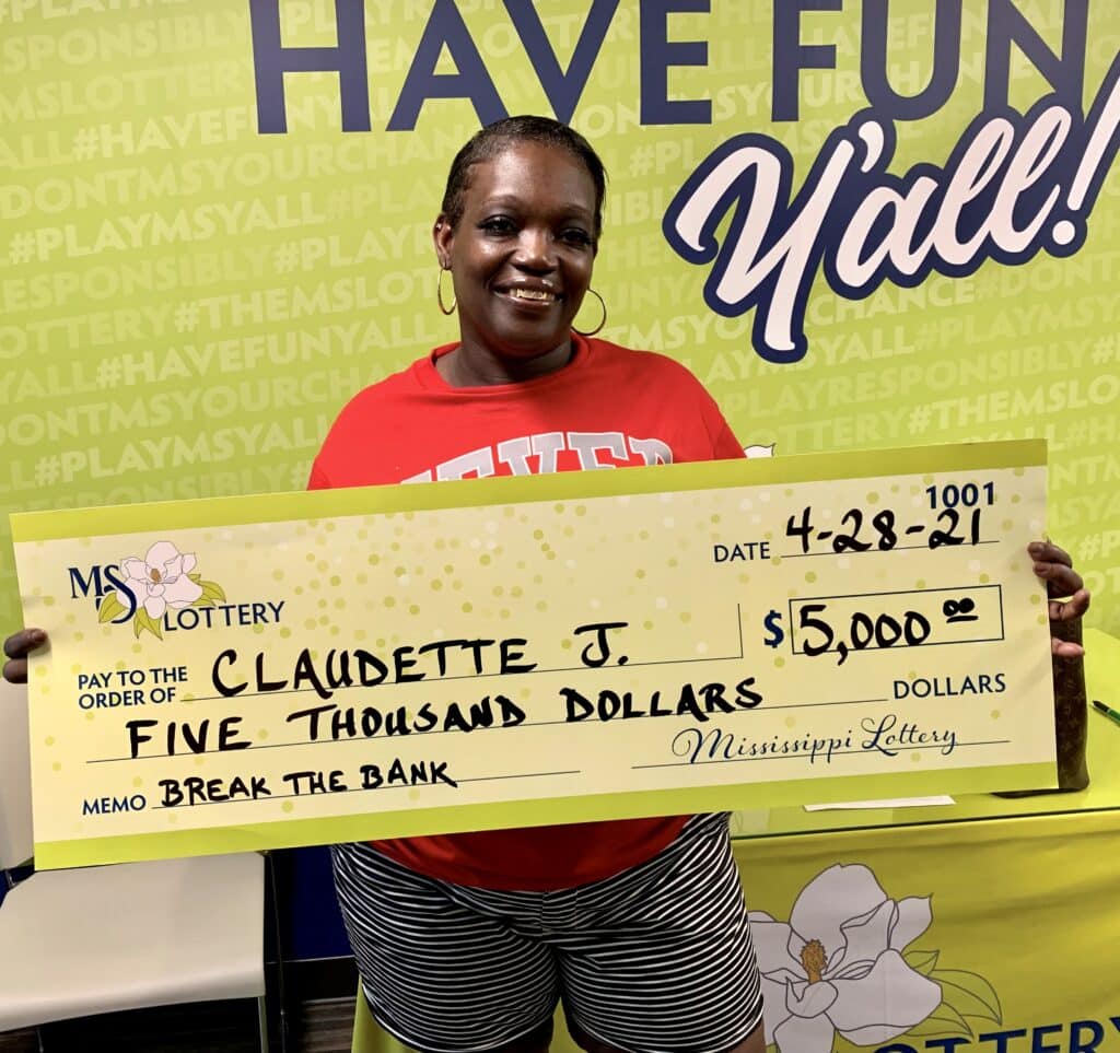 Claudette J. of Hattiesburg won $5,000 on a Break the Bank scratch-off game purchased from Sunny’s Express Mart on Old Hwy. 42, Hattiesburg.