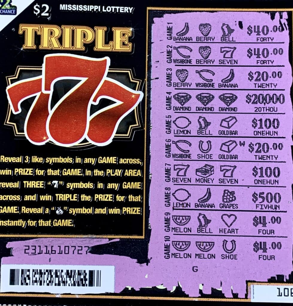 A Collins man won $20,000 on a Triple 777 scratch-off game purchased from Keith’s Superstore #140 LLC on Rock Hill Rd., Mount Olive.