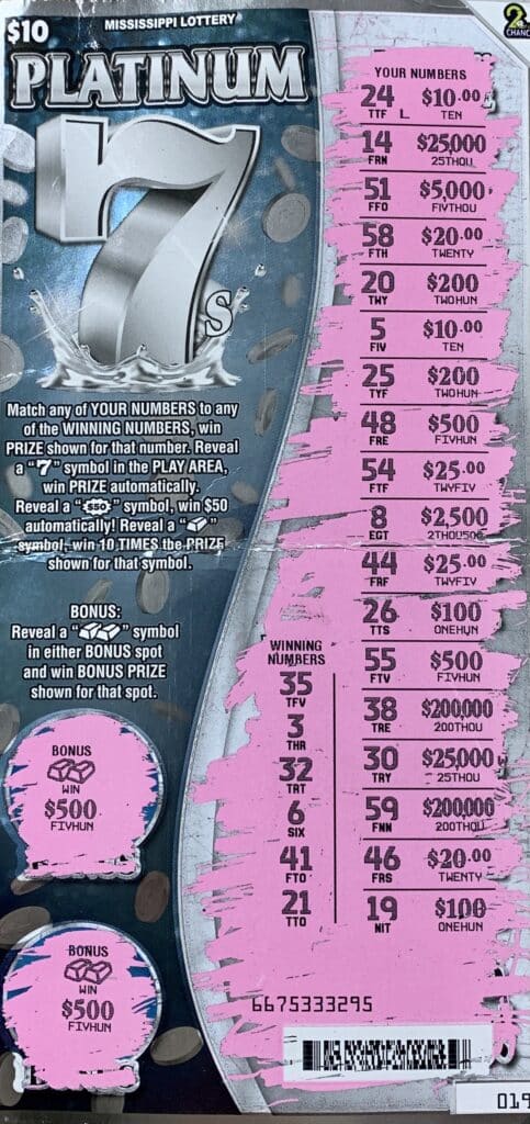 A Grenada man won $1,000 on a Platinum 7s scratch-off game purchased from Donnie’s Deli on Tulane Rd., Horn Lake.