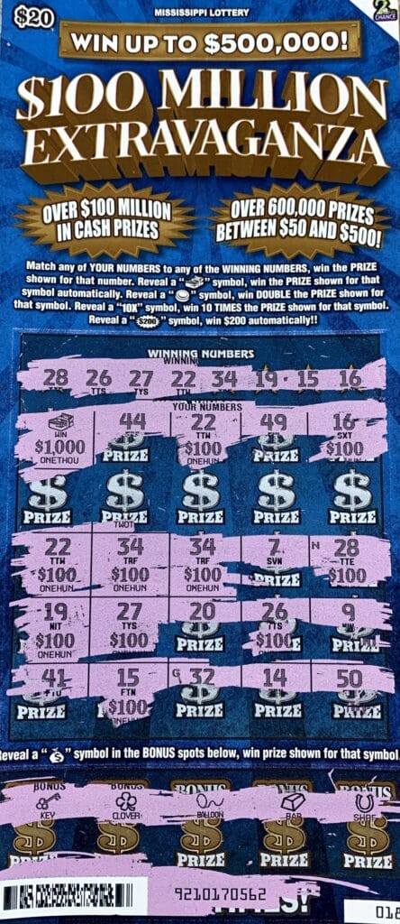 A Hancock County woman won $2,000 on a $100 Million Extravaganza scratch-off game purchased from Pearlington Rockets Express on Hwy. 90, Pearlington.