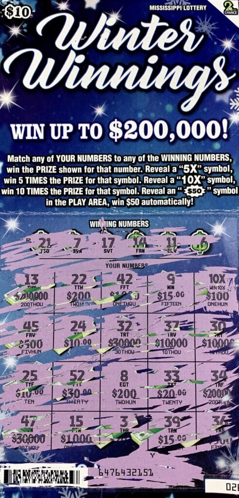 A Hattiesburg player won $1,000 on a Winter Winnings scratch-off game purchased from Ramco Minit Mart #34 on Hwy. 49 S., Hattiesburg.