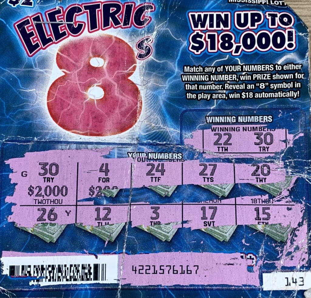 A Hattiesburg woman won $2,000 on an Electric 8s scratch-off game purchased from Clark Oil Company Inc. #50 on Hwy. 49, Hattiesburg.