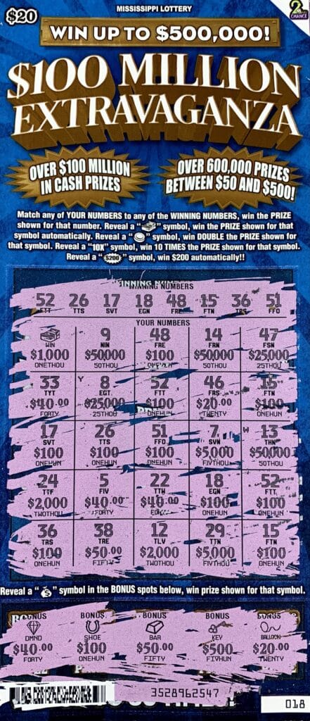 A Jackson player won $2,000 on a $100 Million Extravaganza scratch-off game purchased from Briar’s Foodmart on E. Northside Dr., Clinton.