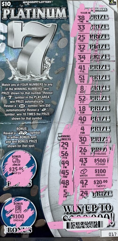 A Jackson woman won $1,000 on a Platinum 7s scratch-off game purchased from Gas Plus on Hwy. 80 W., Jackson.