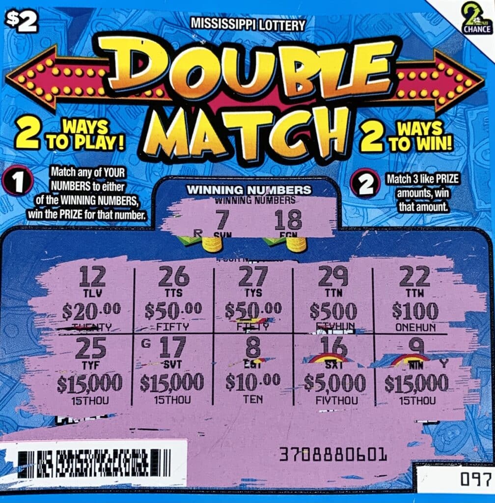 A Jones County man won $15,000 on a Double Match scratch-off game purchased from Alliance Energy #2 on 16th Ave. S., Laurel.