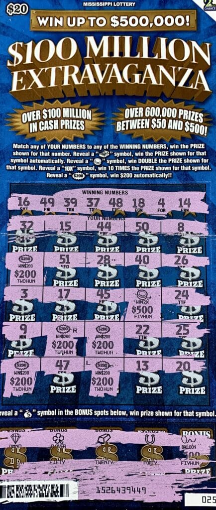 A Macon man won $2,000 on a $100 Million Extravaganza scratch-off game purchased from Jordan 1st LLC on Hwy. 45 S., Columbus.