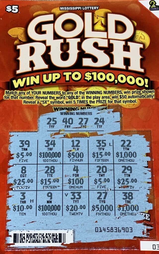 A Mobile, Ala., woman won $5,000 on a Gold Rush scratch-off game purchased from Midway Food Mart on Forts Lake Rd., Moss Point.