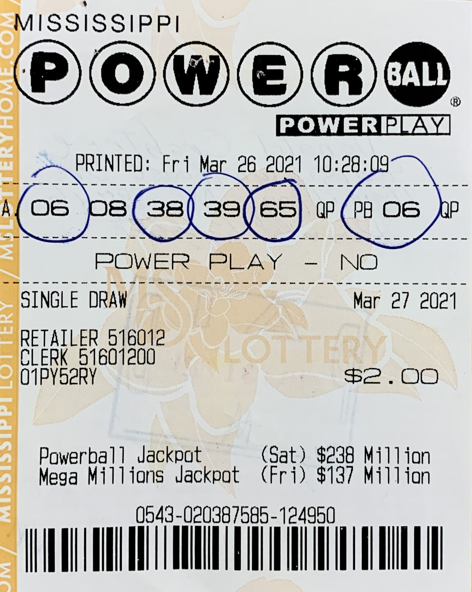 A Monroe County man won $50,000 on a Powerball ticket purchased from Murphy Oil on U.S. Hwy. 278 E., Amory.