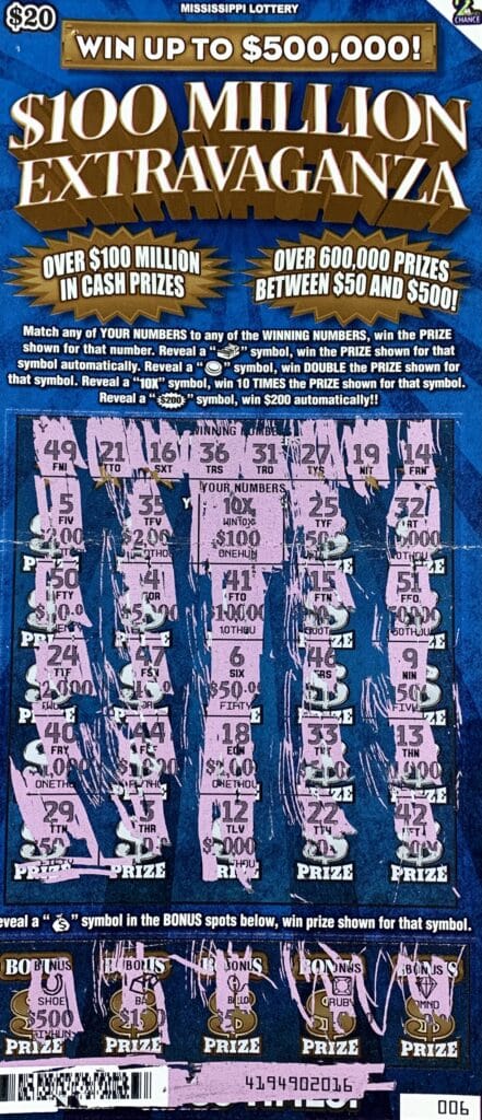 A Perry County man won $1,000 on a $100 Million Extravaganza scratch-off game purchased from MAC’s #4 on Hwy. 198, Beaumont.