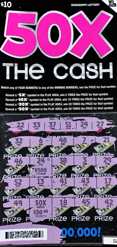 A Philadelphia man won $2,000 on a 50x the Cash scratch-off game purchased from Bobby’s Country Store on Hwy. 16 E., Philadelphia.