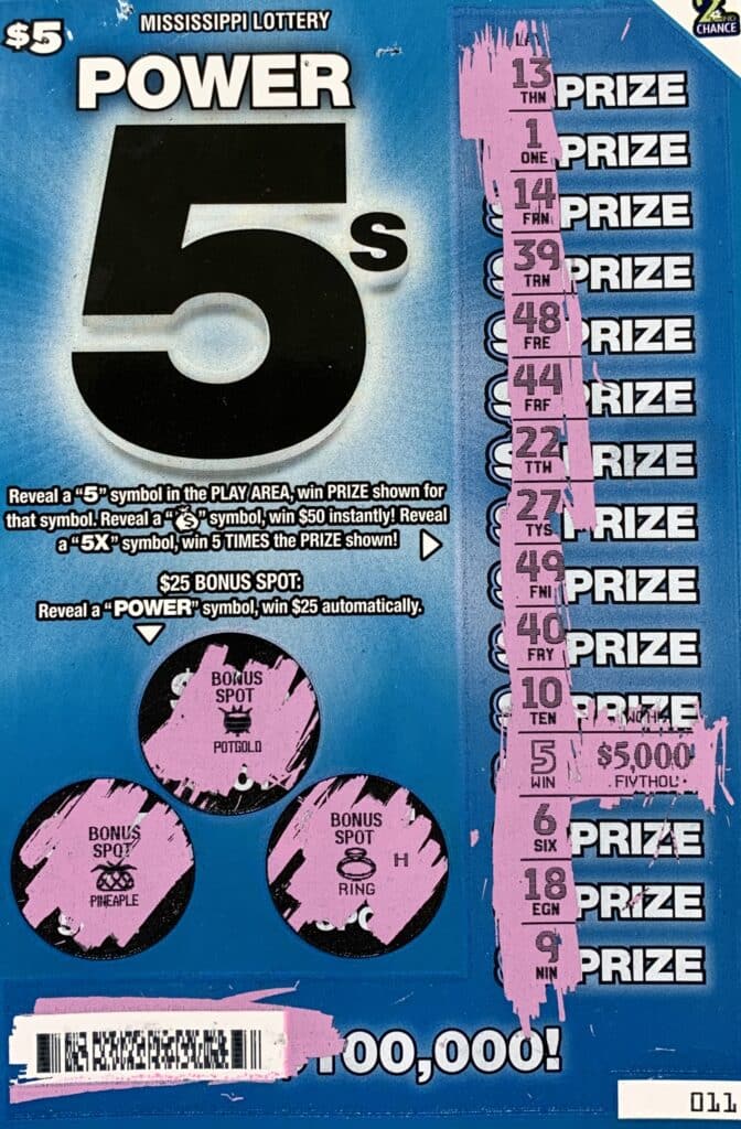 A Potts Camp man won $5,000 on a Power 5s scratch-off game purchased at Waterford Express on Hwy. 7 S., Waterford.