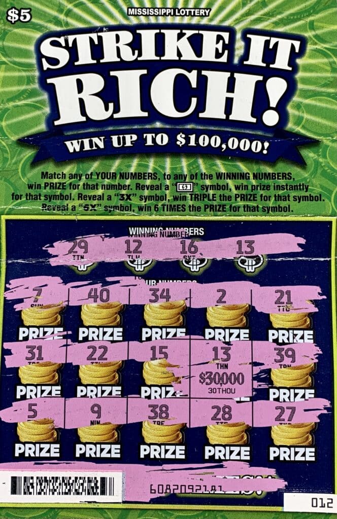 A Starkville man won $30,000 on a Strike it Rich scratch-off game purchased from Antra LLC 2 on Louisville St., Starkville.