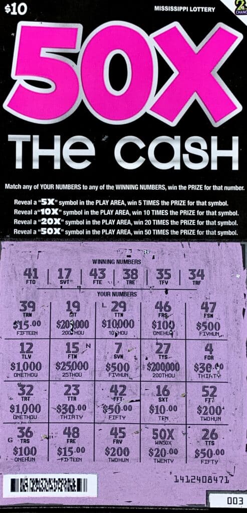 A Starkville woman won $1,000 on a 50x the Cash scratch-off game purchased from Antra LLC 2 on Louisville St., Starkville.