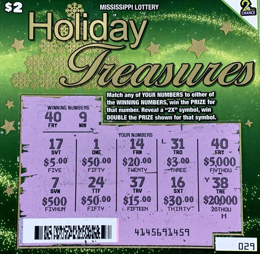 A Sumrall player won $5,000 on a Holiday Treasures scratch-off game purchased from Dandy Dan’s #516 on U.S. Hwy. 49, Hattiesburg.