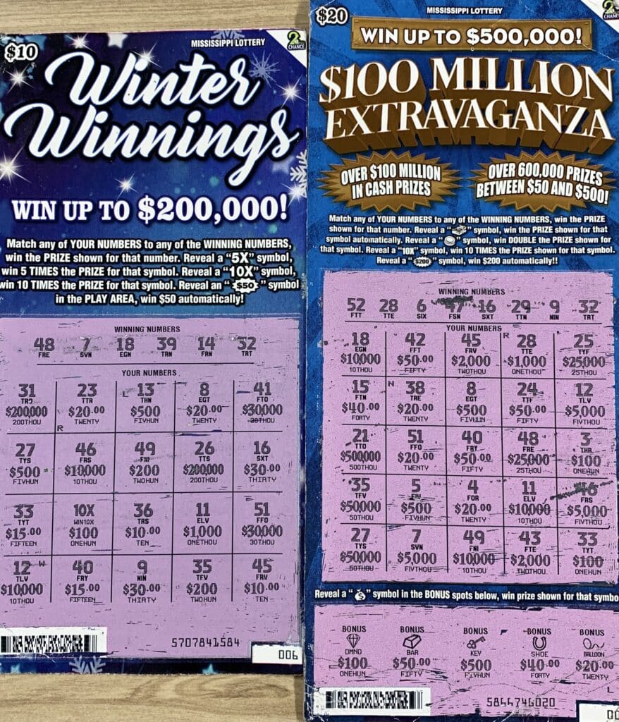 A Tupelo player won $1,000 on a Winter Winnings scratch-off game and $1,000 on a $100 Million Extravaganza scratch-off game, both purchased at Spring Mart #44 on E. Main St., Tupelo.