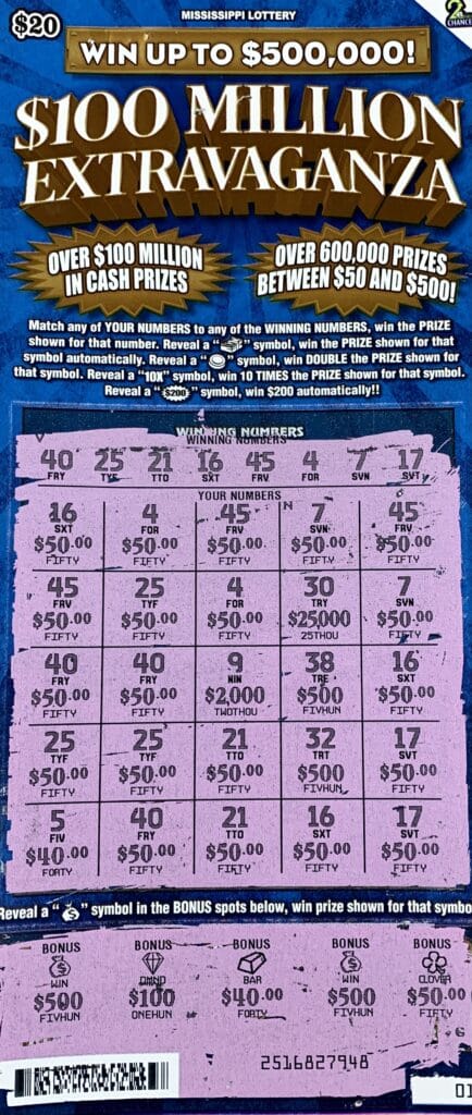 A Yalobusha County woman won $2,000 on a $100 Million Extravaganza scratch-off game purchased from Chevron Express on Oklahoma St., Coffeeville.