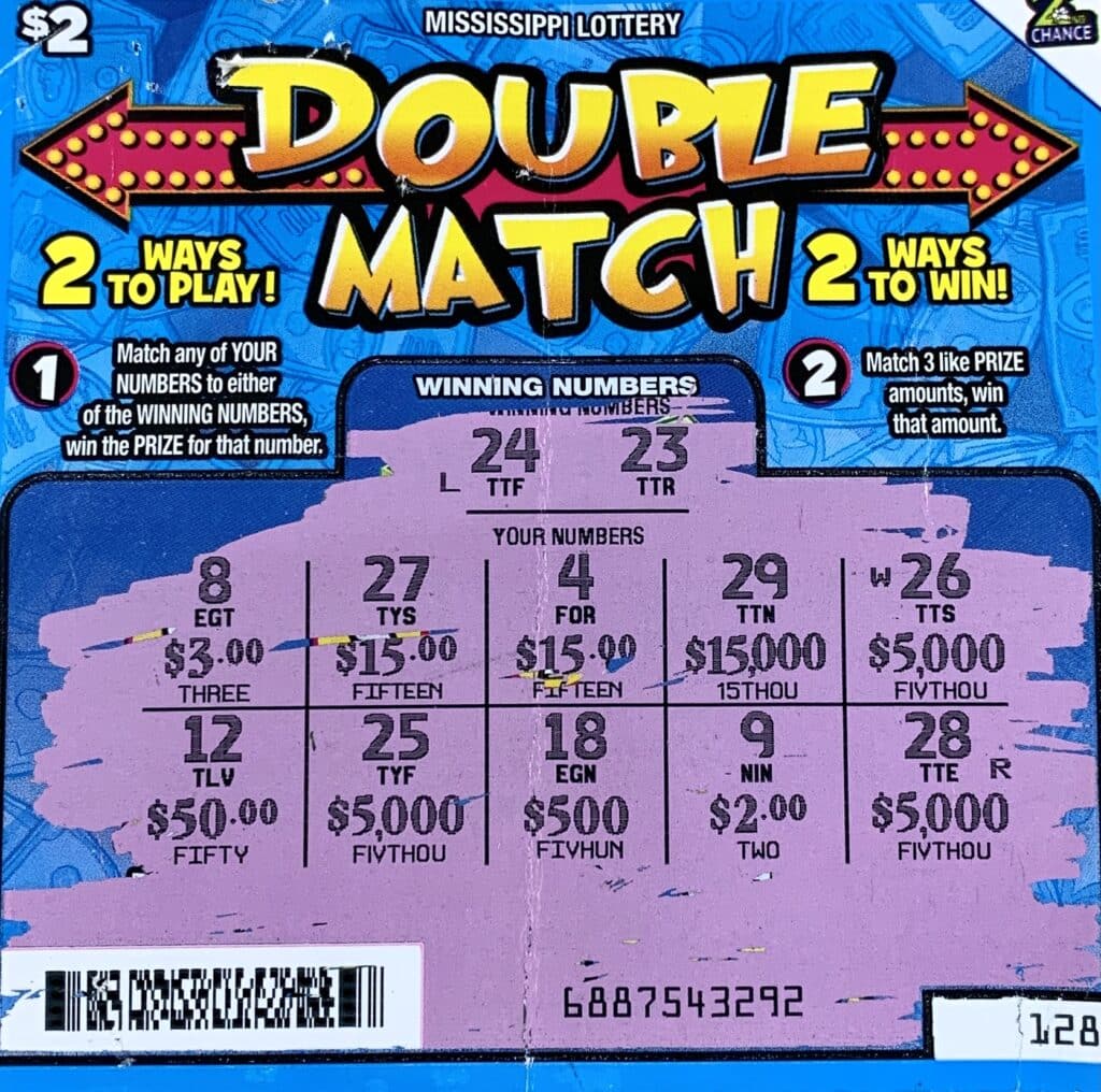 A Jackson woman won $5,000 on a Double Match scratch-off game purchased from Midwest on W. McDowell Rd., Jackson.