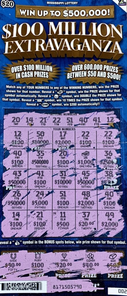 A Como woman won $2,000 on a $100 Million Extravaganza scratch-off game purchased from White’s Deli & Gas on S. Main St., Sardis.