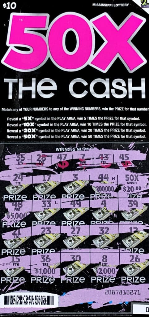 A Jackson man won $1,000 on a 50x the Cash scratch-off game purchased from Thind Bros LLC on Beasley Rd., Jackson.