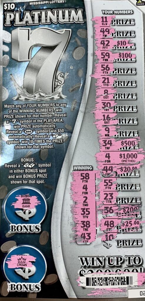 An Amory man won $1,000 from a Platinum 7s scratch-off game purchased at Shrigi Bapa on Hwy. 278 East, Amory.