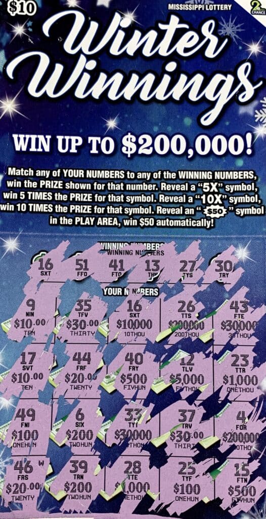 An Attala County man won $10,000 on a Winter Winnings scratch-off game purchased from Kangaroo Crossing #103 on Veterans Memorial Dr., Kosciusko.