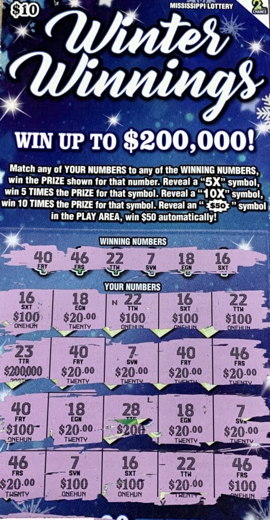 A Biloxi woman won $1,000 on a Winter Winnings scratch-off game purchased from Robinwood One Stop LLC on Hwy. 49, Saucier.