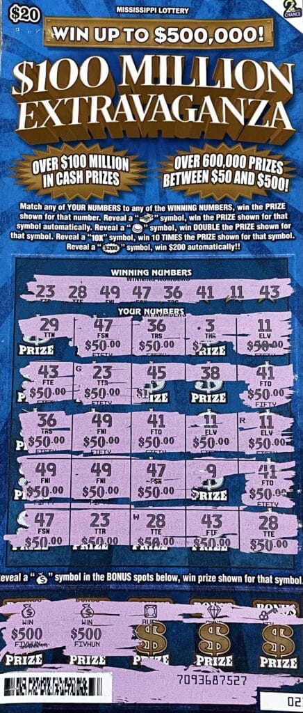 A Columbus man won $2,000 on a $100 Million Extravaganza scratch-off game purchased from Sprint Mart #4135 on Hwy. 182 E., Columbus.