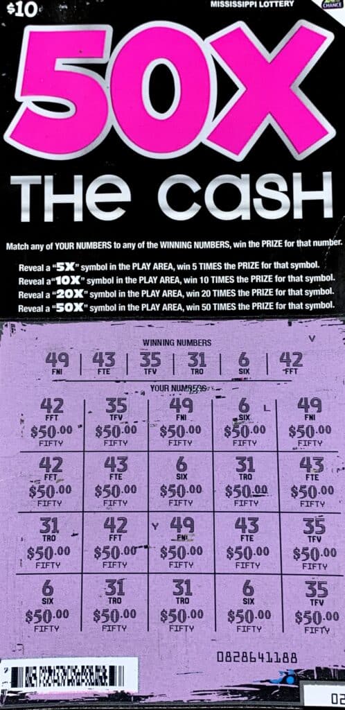 A Guntown woman won $1,000 on a 50x the Cash scratch-off game purchased from County Line #1 Inc on Hwy. 348, Blue Spring.