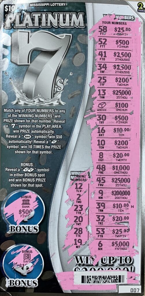 A Jackson woman won $1,000 on a Platinum 7s scratch-off game purchased from SD Food Mart on N. State St., Jackson.