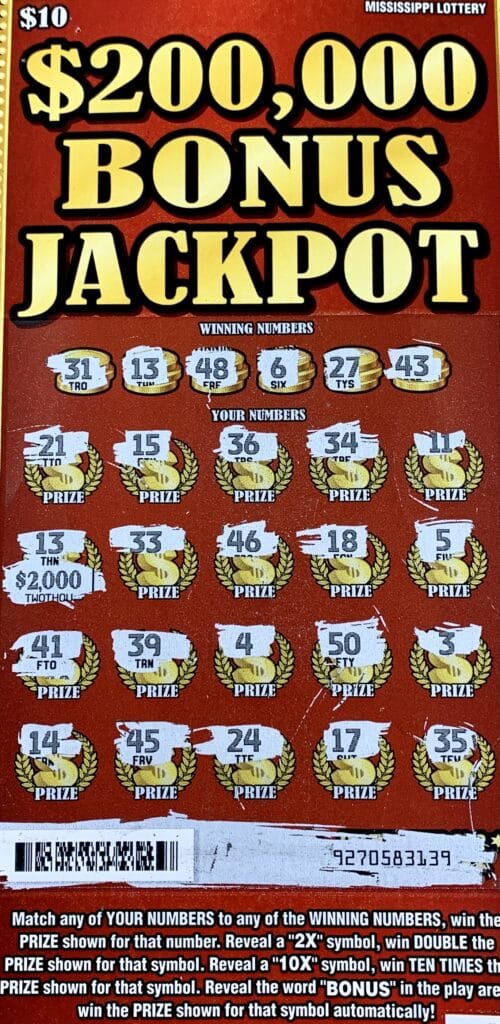 A Laurel man won $2,000 on a $200,000 Bonus Jackpot scratch-off game purchased from Rapad Express III on Hwy. 15 N., Laurel.